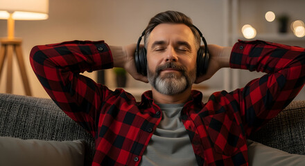 Relaxing Moments with Music Enjoying the Peace and Quiet at Home Man with Headphones Listening to Audio Content for Leisure and Entertainment Technology Adoption