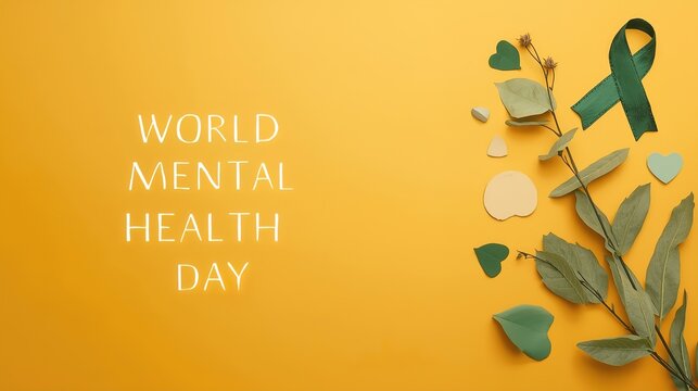 Vibrant World Mental Health Day message featuring a green awareness ribbon and natural elements symbolizing vital support and wellness.