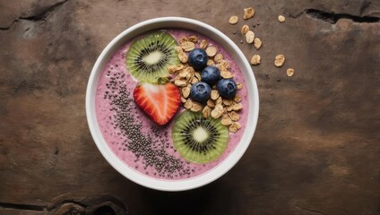 Delicious and Healthy Smoothie Bowl with Fresh Fruits and Granola.
