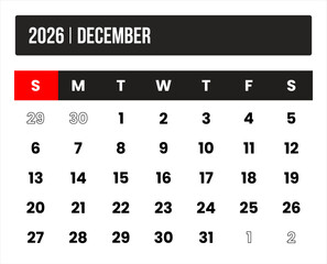 2026 (1 month december) universal calendar vector design, international format suitable for global use, modern minimal template for print and digital applications