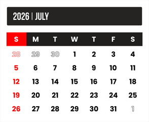 2026 (1 month july) universal calendar vector design, international format suitable for global use, modern minimal template for print and digital applications