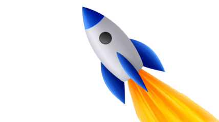 A cartoon rocket ship with blue fins and nose cone ascends with orange exhaust flames transparent background