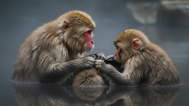 Two japanese macaques grooming each other in a hot spring