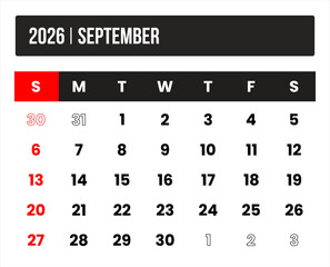 2026 (1 month september) universal calendar vector design, international format suitable for global use, modern minimal template for print and digital applications