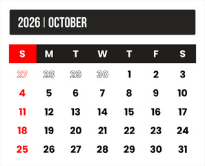 2026 (1 month october) universal calendar vector design, international format suitable for global use, modern minimal template for print and digital applications