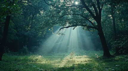 Fototapeta premium Sunbeams pierce a misty forest floor