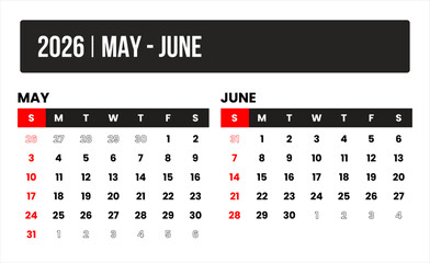 2026 (2 months may - june) universal calendar vector design, international format suitable for global use, modern minimal template for print and digital applications