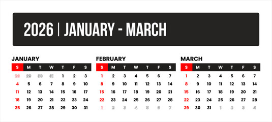 2026 (3 months january - march) universal calendar vector design, international format suitable for global use, modern minimal template for print and digital applications