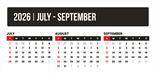 2026 (3 months july - september) universal calendar vector design, international format suitable for global use, modern minimal template for print and digital applications
