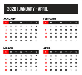 2026 (4 months january - april) universal calendar vector design, international format suitable for global use, modern minimal template for print and digital applications