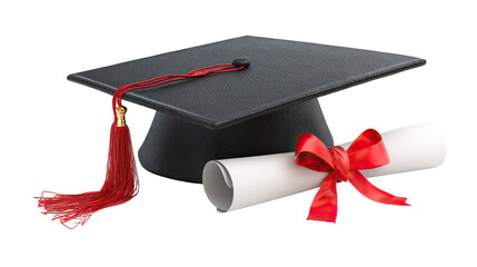 Graduation Cap with Rolled Diploma Tied with Red Ribbon Ultra High Resolution on Transparent Background