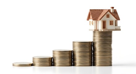 Real estate investment growth A miniature house sits atop a rising staircase of coins, symbolizing financial success and property appreciation