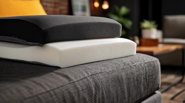 Close up view of the internal layers of an orthopedic memory foam cushion, showing its different density materials designed for comfort and ergonomic support on a modern sofa in a living room