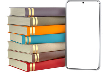 Stack of books and Smartphone with blank screen, transparent background