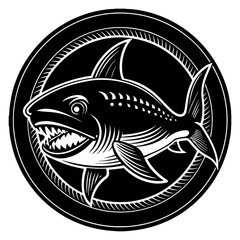 Fierce shark with sharp teeth inside a circular frame ocean predator