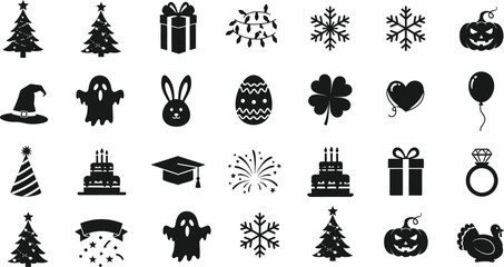 Holiday icons collection of christmas tree, gift, snowflake, halloween pumpkin, easter egg, clover, heart and graduation cap