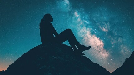 Silhouette of woman sitting on a rock under a night sky filled with stars and the Milky Way