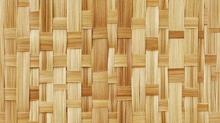 Close-up of a woven light brown bamboo or rattan surface.  Interlocking, square patterns are evident