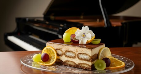 Elegant tiramisu dessert with fresh fruit garnishes and grand piano background
