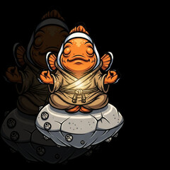 Monk Fish Mascot – Cartoon Aquatic Character Meditating on Floating Tech Rock with Hooded Robe