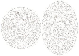 A set of contour illustrations with cute frogs, isolated animals on a white background