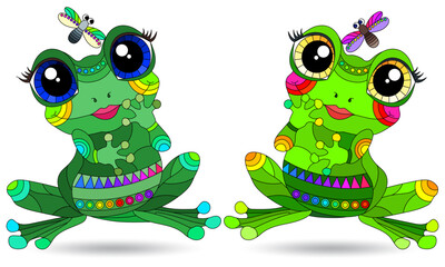 A set of illustrations with cute frogs, isolated animals on a white background