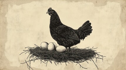 Vintage-style illustration of a hen with eggs in a nest
