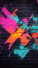 Vibrant graffiti art on a dark brick wall. Bold, overlapping strokes of hot pink, turquoise, and orange paint create a dynamic design against a textured black brick background