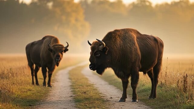 Two european bison walking on a dirt road in a misty meadow at sunrise