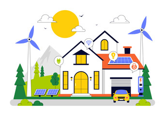 Eco Friendly Smart Home Devices Vector Illustration Featuring House Automation Controlled via Smartphone with an Integrated System of Electronics