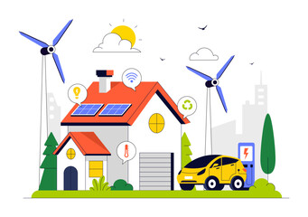 Eco Friendly Smart Home Devices Vector Illustration Featuring House Automation Controlled via Smartphone with an Integrated System of Electronics