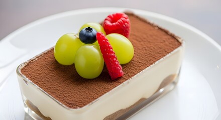Delicious tiramisu dessert topped with fresh berries and grapes