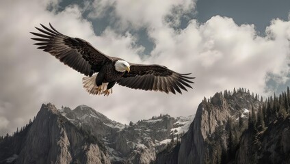 Majestic eagle soaring above a majestic mountain range
