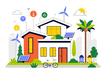 Eco Friendly Smart Home Devices Vector Illustration Featuring House Automation Controlled via Smartphone with an Integrated System of Electronics