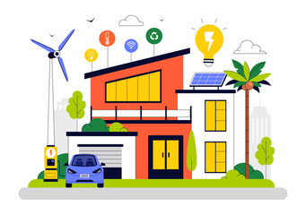 Eco Friendly Smart Home Devices Vector Illustration Featuring House Automation Controlled via Smartphone with an Integrated System of Electronics