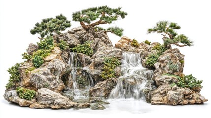Miniature landscape with cascading waterfall and bonsai trees