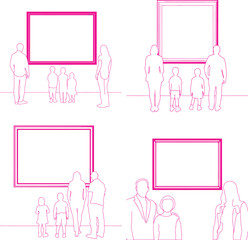 Empty frames with abstract figures below in a minimalist line art style and Continuous line drawing.