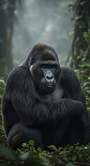 Fototapeta premium Majestic silverback gorilla calmly observes in lush rainforest environment, portraying strength, wisdom, and natural beauty