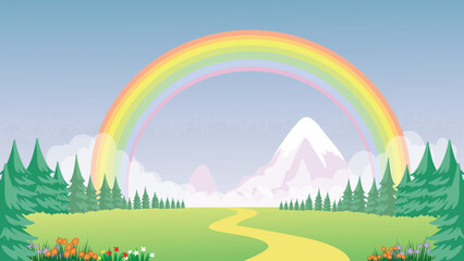 Beautiful Rainbow Over Green Meadow