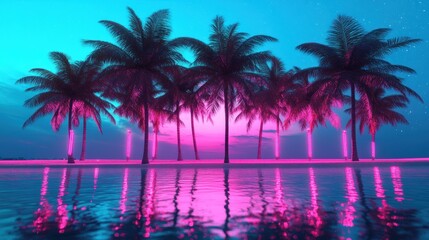 Neon palm trees on a tranquil beach at dusk, vibrant pink glow