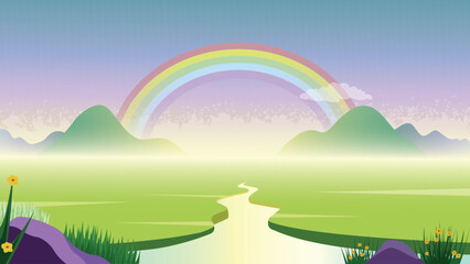 Rainbow Across Horizon Above Blooming Meadow