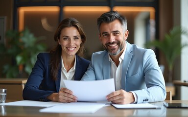 Front view portrait of two successful business people reviewing documents at table in luxury office. High quality