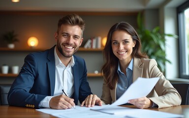 Front view portrait of two successful business people reviewing documents at table in luxury office. High quality