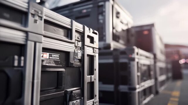 Numerous black, heavy duty flight cases with reinforced aluminum edges are neatly arranged in a row outdoors, ready for setting up a stage for a concert, tour, or large festival event