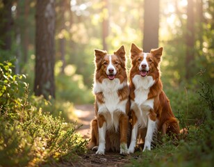 Two dogs sitting in a forest