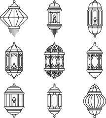 A grid presentation featuring nine distinct black and white outline illustrations of decorative lanterns