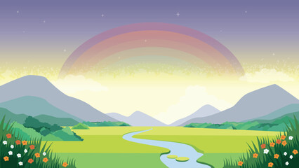 Vibrant Rainbow Over Grass Field in Nature