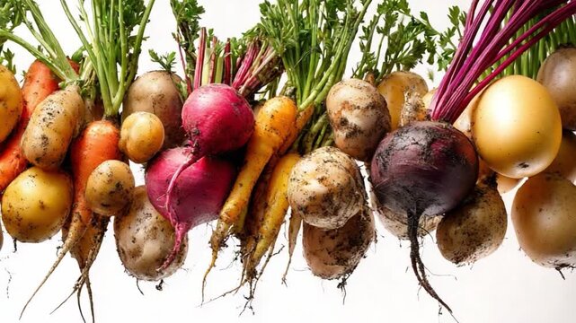 Vibrant Root Vegetable Variety: A colorful array of fresh root vegetables, showcasing the natural textures and earthy hues, are beautifully arranged.