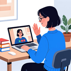 Virtual Collaboration: Woman in Blue Sweater Waving on Laptop Video Call