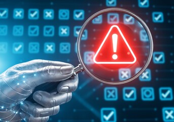 Cybersecurity Warning Alert Under Magnifying Glass with Error Signs.
